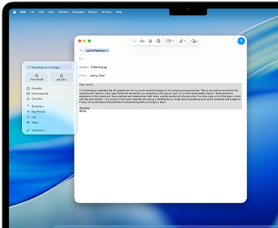 Ein MacBook Air Display zeigt, wie die Apple Intelligence Schreibtools eine E‑Mail verfassen